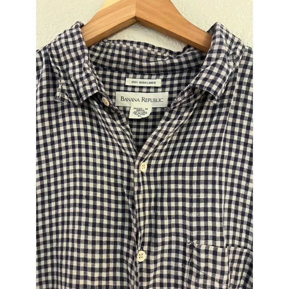 Banana Republic Mens XL 100% Irish Linen Gingham Button Down Shirt Navy White